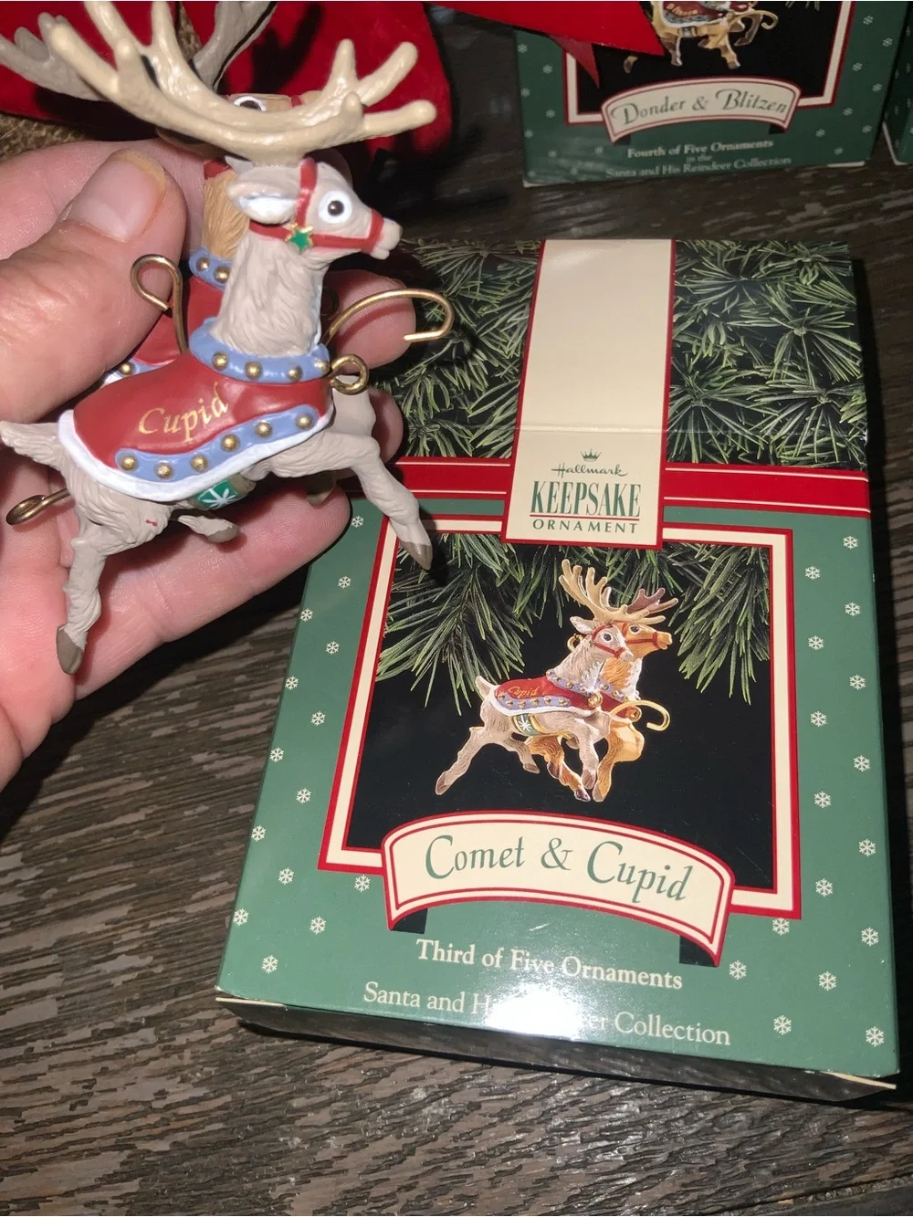 Hallmark 1990’s Santa In His Sled & His Reindeers Ornaments